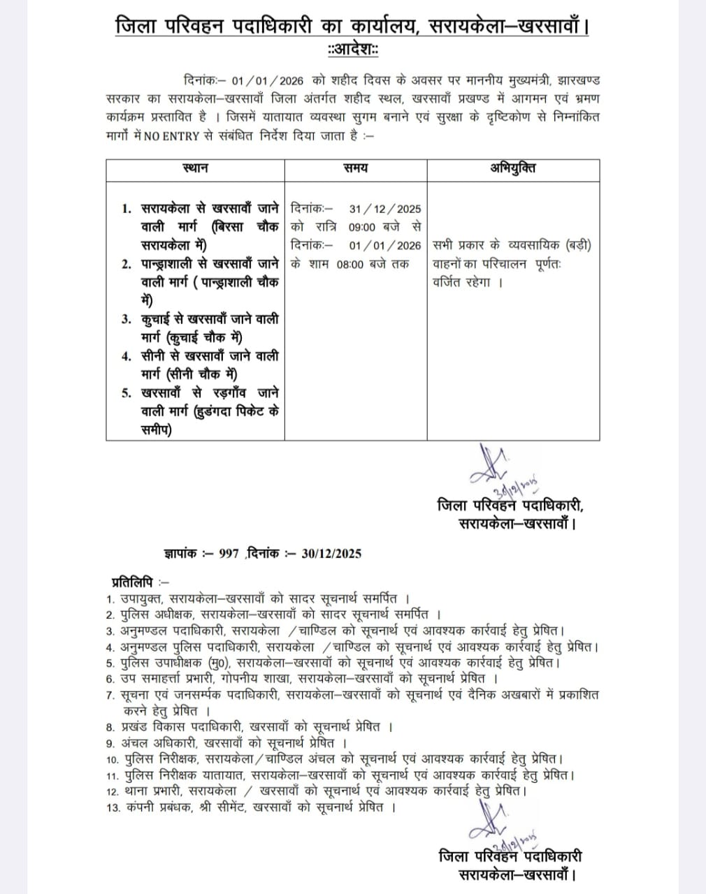 1 जनवरी को खरसावां शहीद स्थल के कार्यक्रम के मद्देनजर डीटीओ ने जारी किया नो इंट्री शिड्यूल।