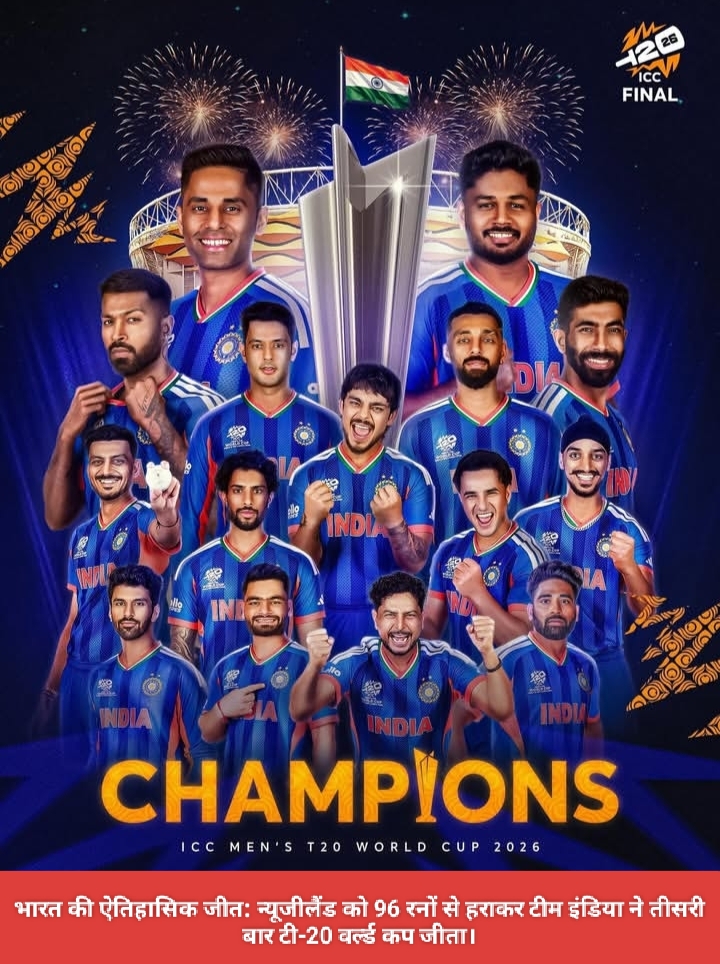 भारत की ऐतिहासिक जीत: न्यूजीलैंड को 96 रनों से हराकर टीम इंडिया ने तीसरी बार टी-20 वर्ल्ड कप जीता।