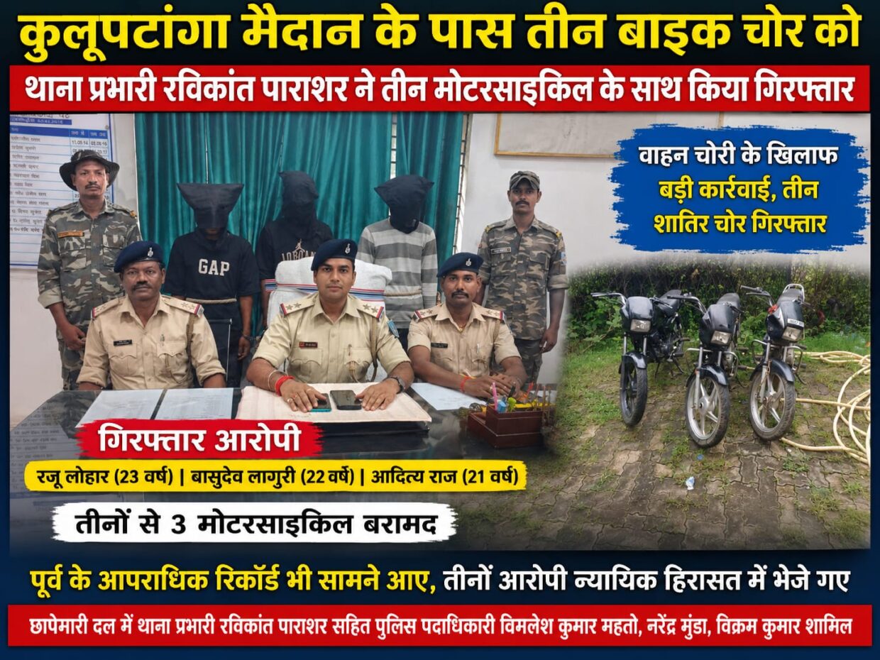 कुलूपटांगा मैदान के पास तीन बाइक चोर को थाना प्रभारी रविकांत पाराशर ने तीन मोटरसाइकिल के साथ किया गिरफ्तार